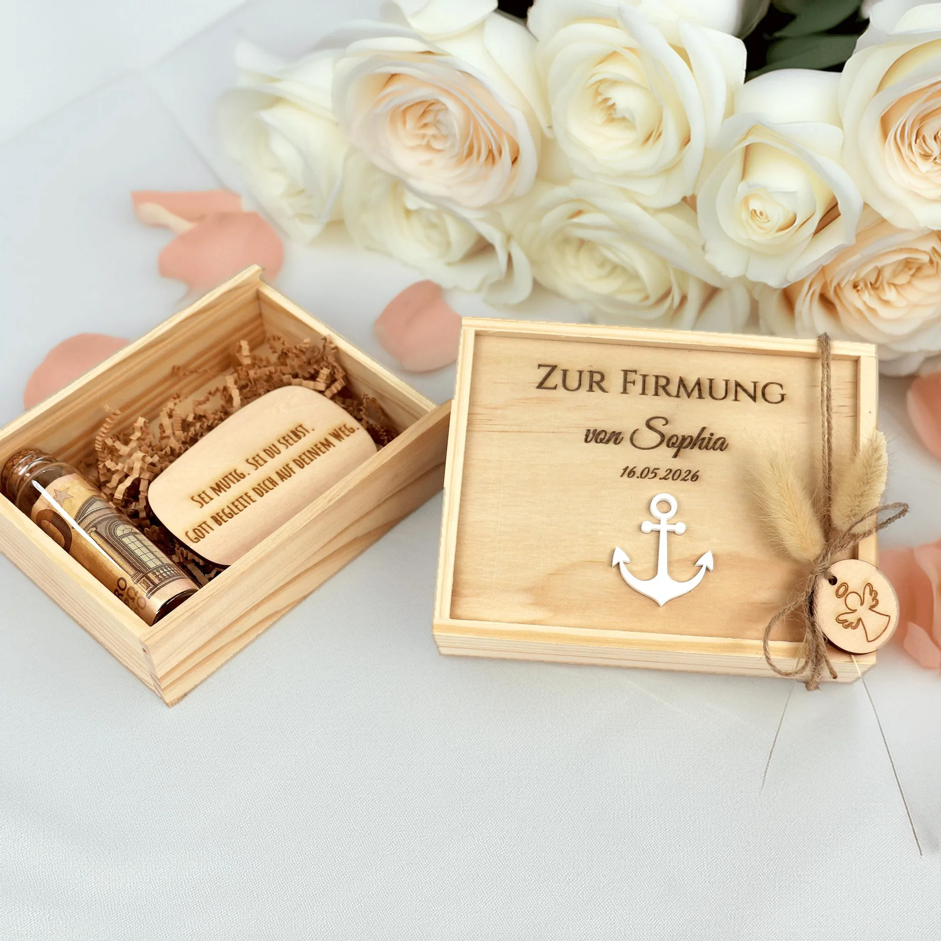 Personalisiertes Geldgeschenk zur Firmung | Holzbox mit Name & Datum | Christliches Geldgeschenk