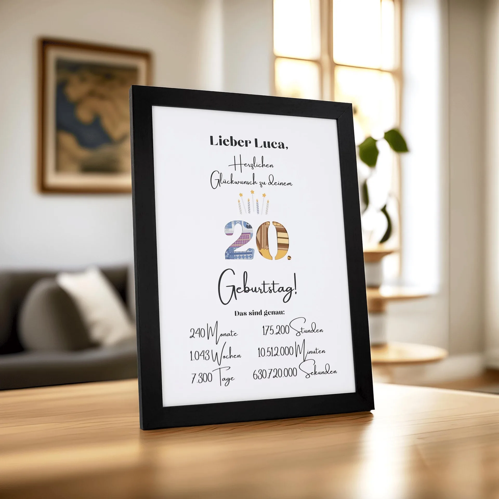 Runden 20. Geburtstag Geldgeschenk | DIN A5 & A4 Echtholz- oder Standardrahmen