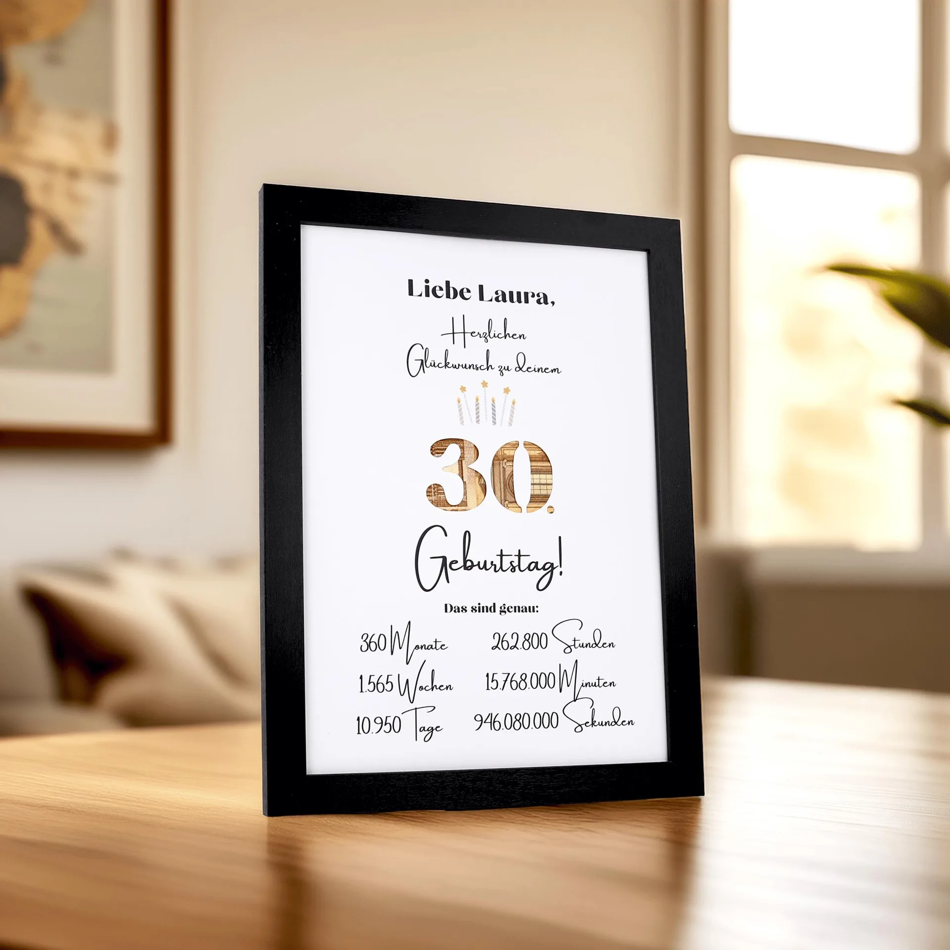 Runden 30. Geburtstag Geldgeschenk | DIN A5 & A4 Echtholz- oder Standardrahmen