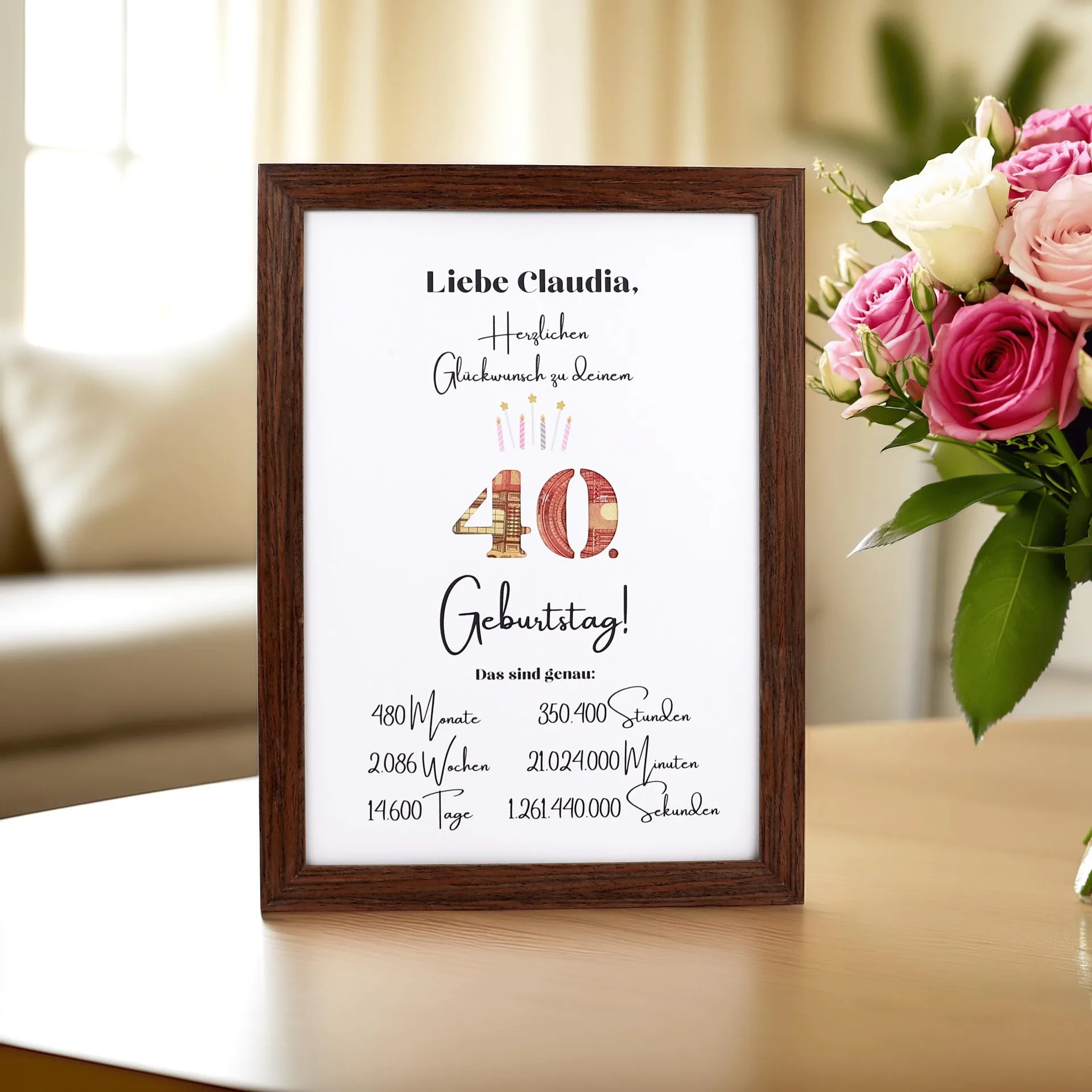 Runden Geburtstag Geldgeschenk | DIN A5 & A4 Echtholz- oder Standardrahmen 