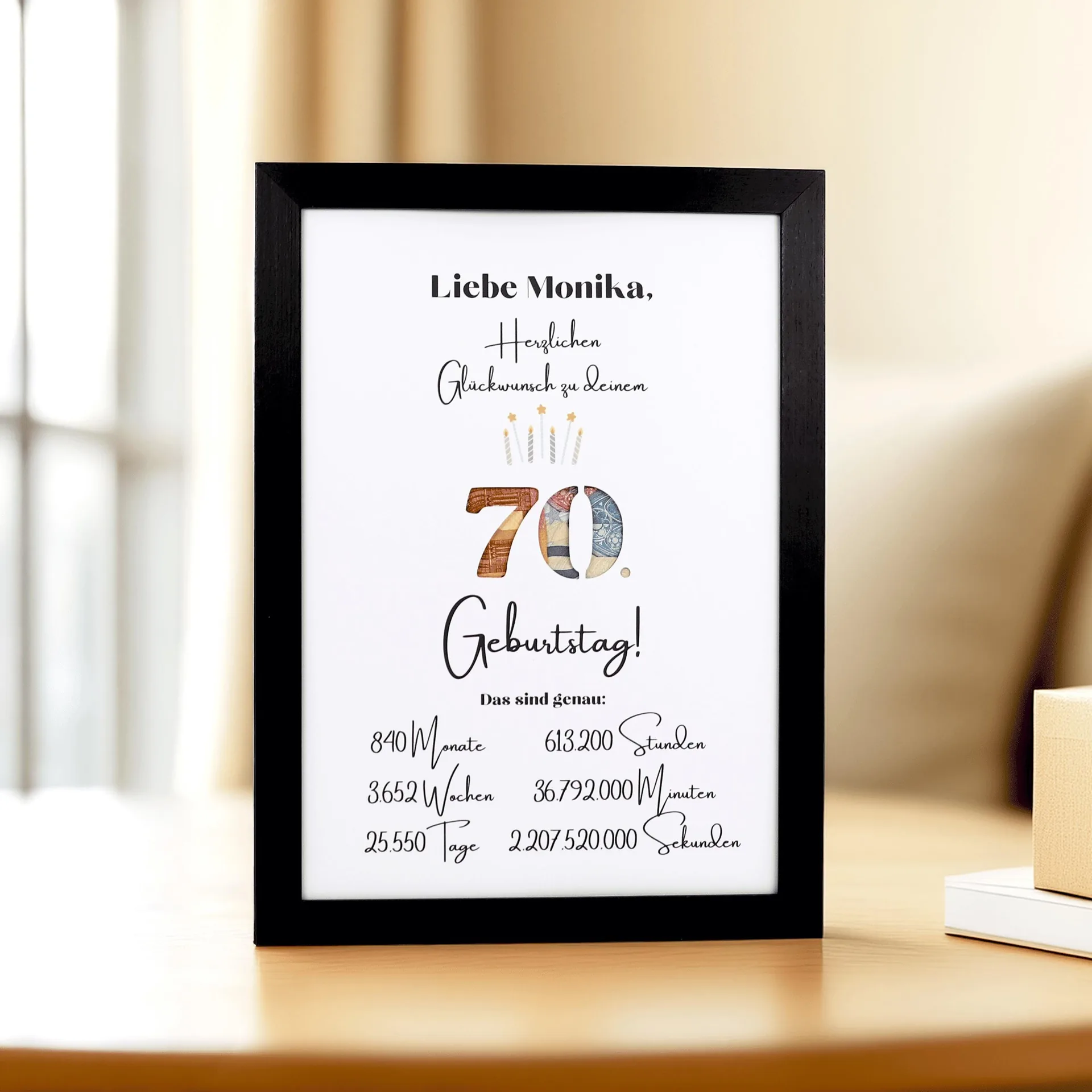 Personalisierte 70. Geburtstag Geldgeschenk, Runder Geburtstagsgeschenk, Perfekt ausgeschnitten, A4 Bilderrahmen