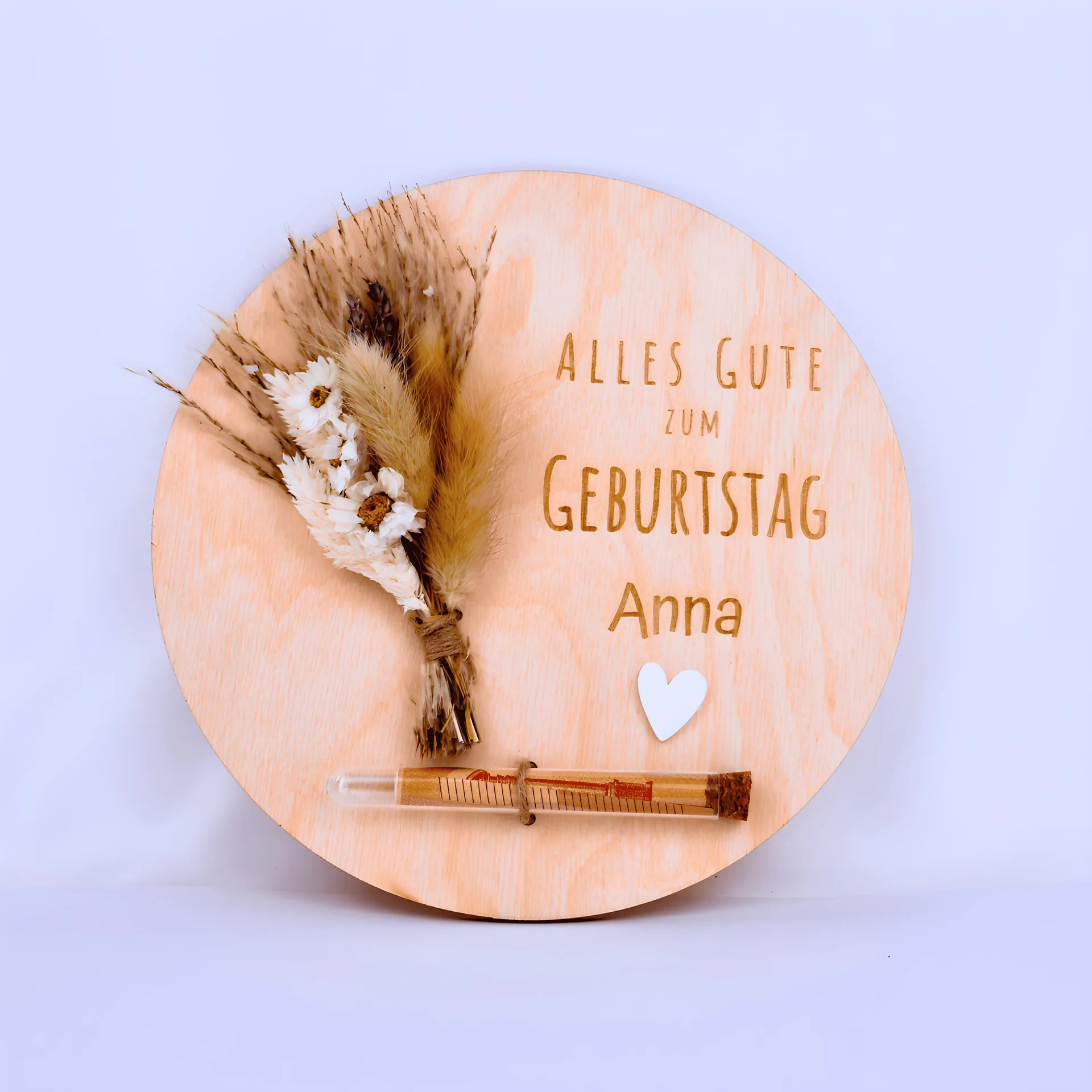 Geldgeschenk zum Geburtstag | Personalisiertes Geburtstag Holzschild | Mit Glasröhrchen & Trockenblumen