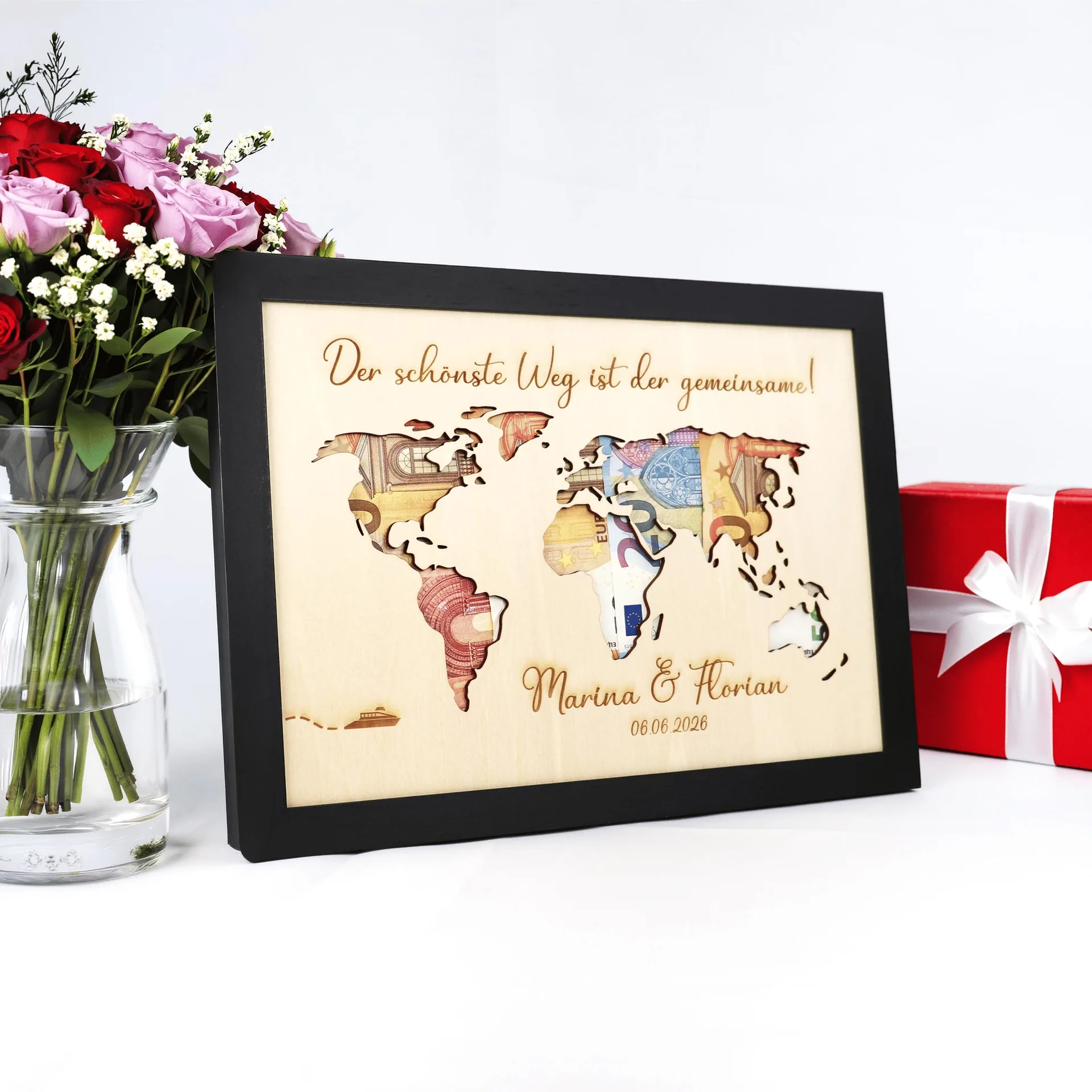 Weltkarte Hochzeit Geldgeschenk | DIN A5, A4 oder A3 im Echtholzrahmen