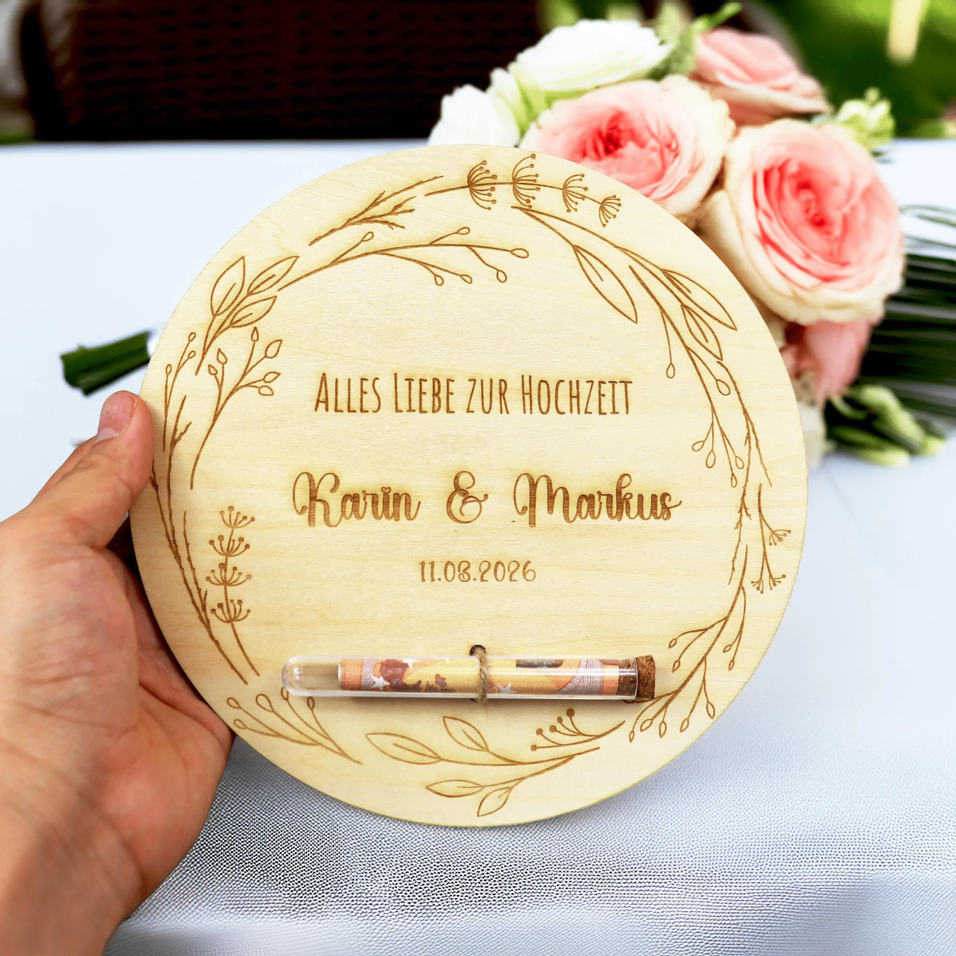Personalisiertes Hochzeit Geldgeschenk, Rundes Holzschild 20 cm