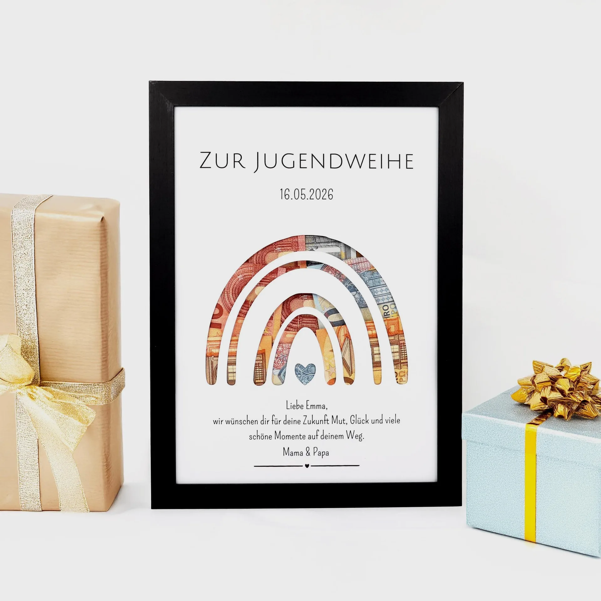 Personalisiertes Geldgeschenk zur Jugendweihe – DIN A4 im Bilderrahmen