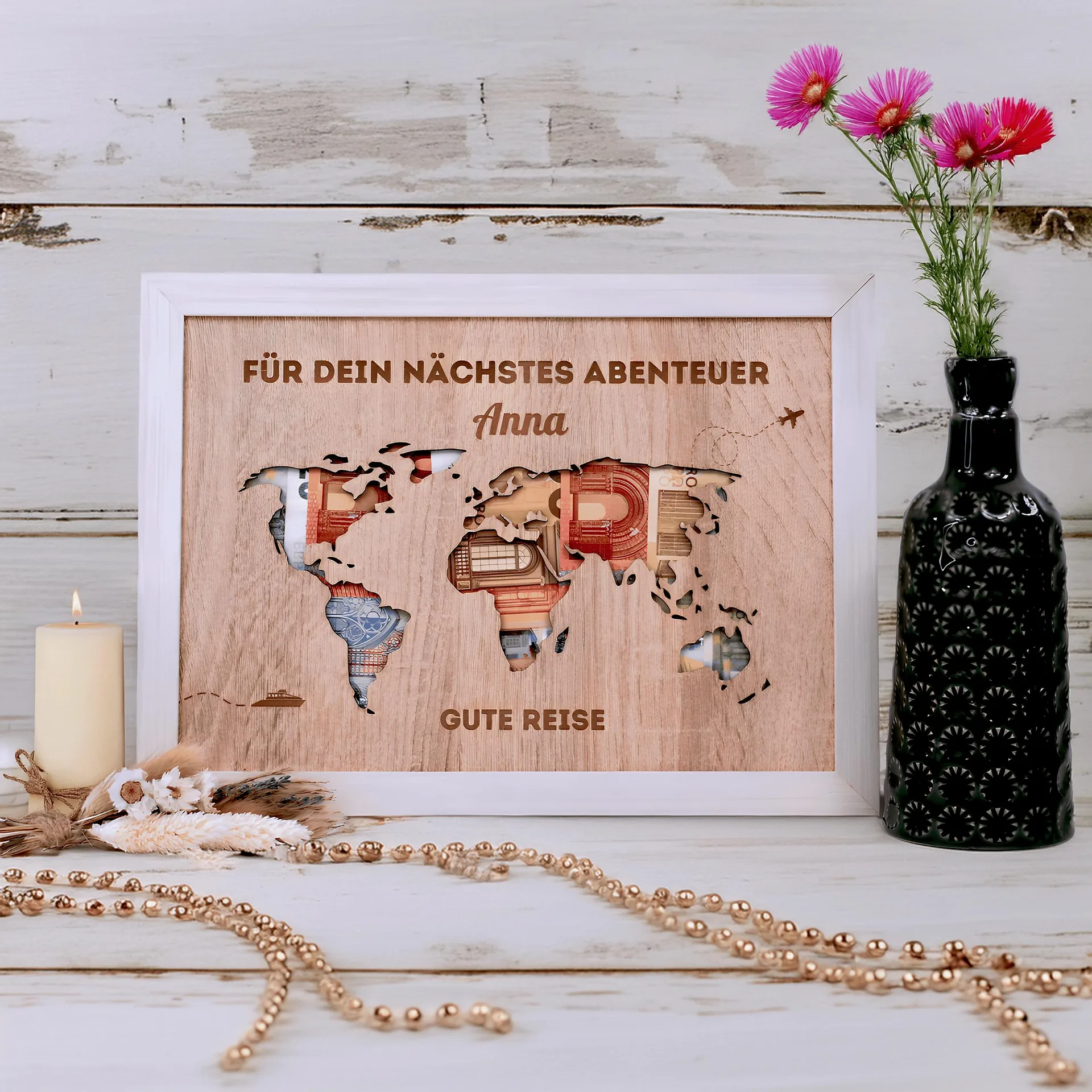 Weltkarte Geldgeschenk, Personalisierte Geschenkidee, Abenteuer Geschenkidee