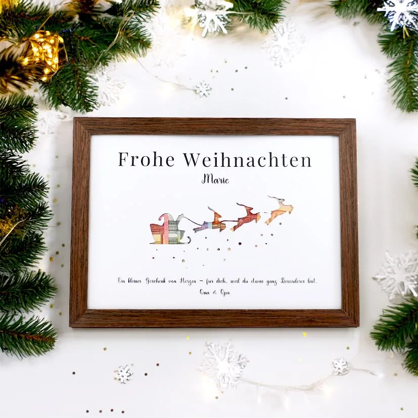 Personalisiertes Weihnachts-Geldgeschenk – „Frohe Weihnachten“ mit Weihnachtsmann & Rentieren