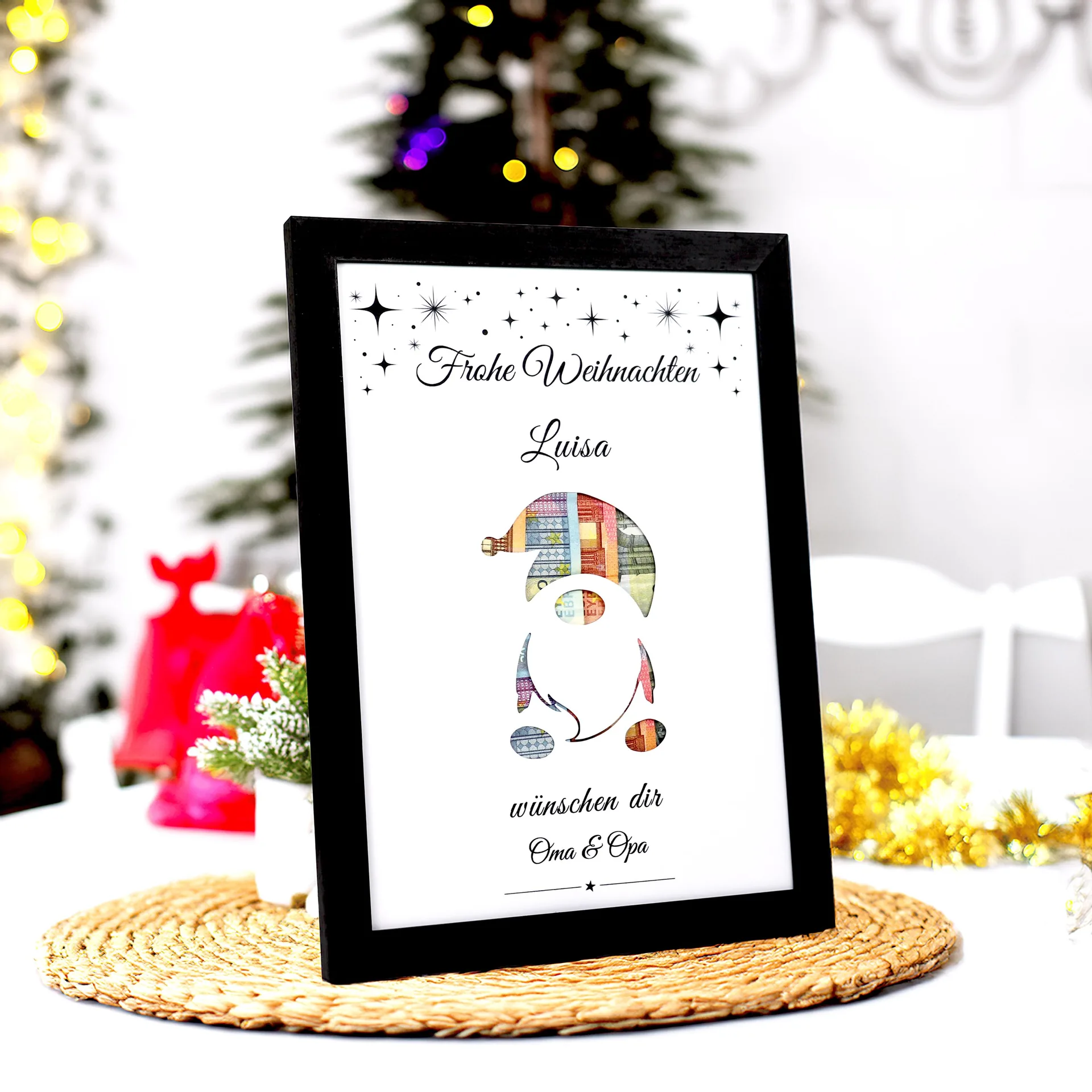Personalisierte Geldgeschenk Weihnachten | Frohe Weihnachten | Mit Name im Echtholzrahmen A4
