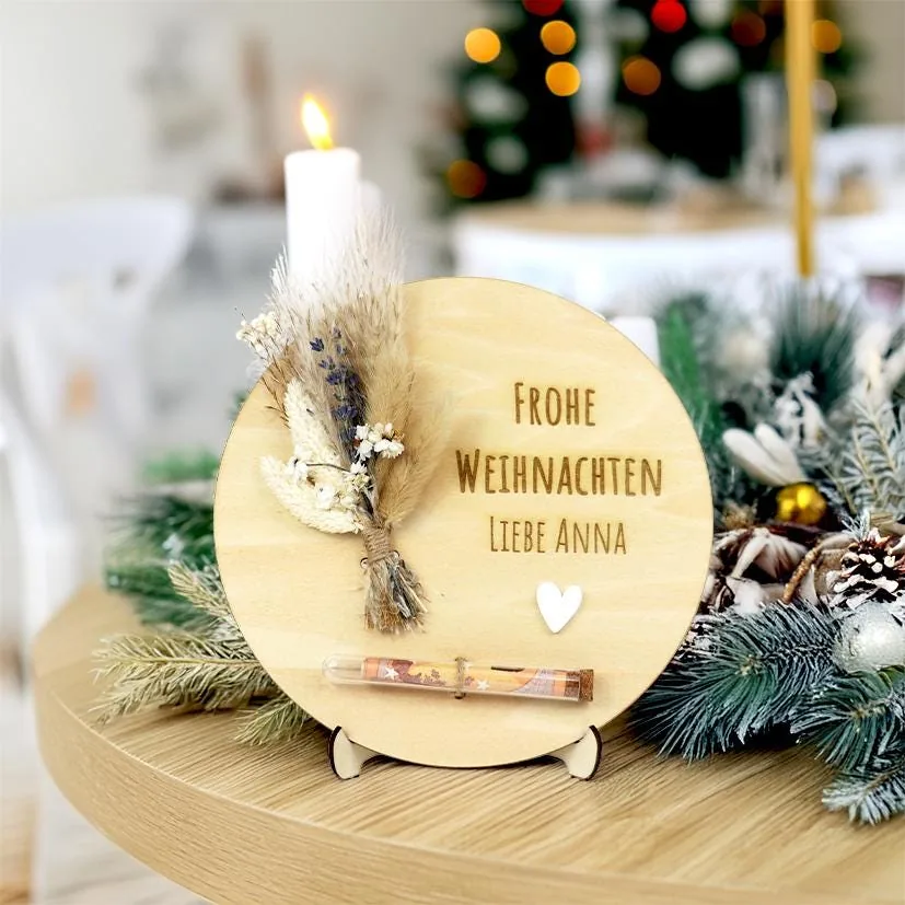 Weihnachten Geldgeschenk, Mit Name, Trockenblumen, Geldröhrchen & 3D-Herz aus Acryl
