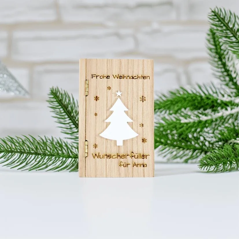 Weihnachtsgeld Geschenk personalisiert | Holzbox 14x9x4 cm mit Acryl-Tannenbaum & Gravur